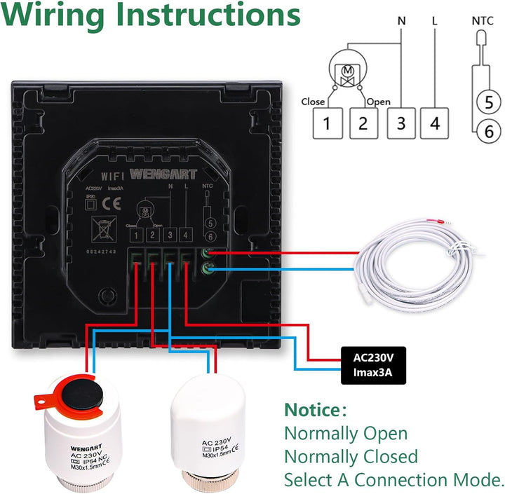 Wengart WiFi Smart Thermostat WG380 für Wasserfussbodenheizung – TFT-Farbdisplay &amp; Touch – 230V 3A –