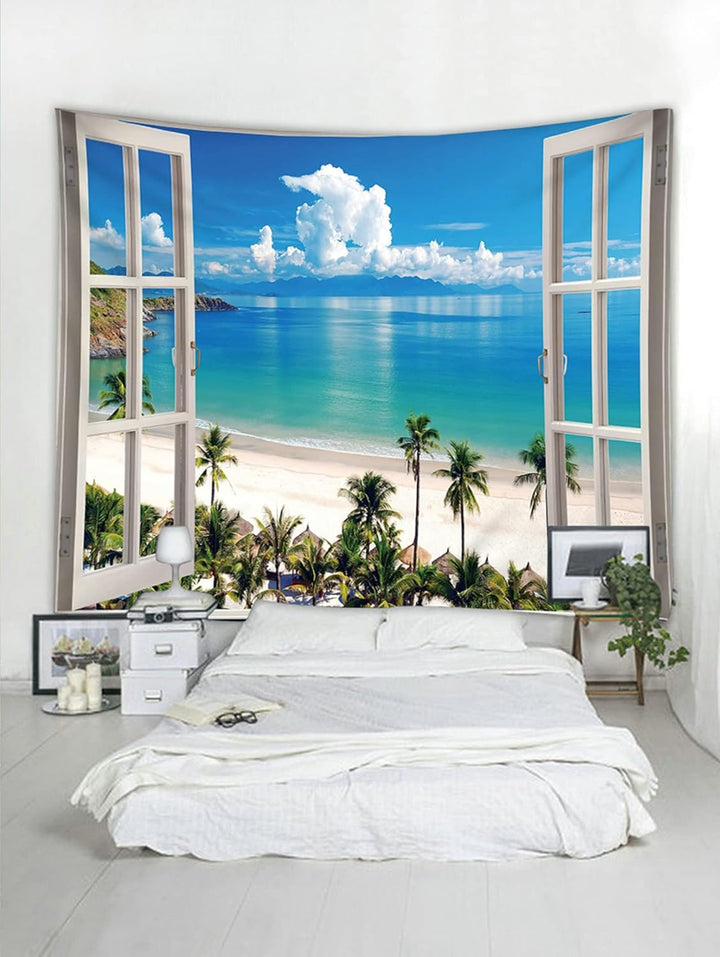 Gualiy Wandteppich 260 x 240 cm, Meer Strand Palme Fenster Landschaft Wandbehang Wandtuch Ozean Tapi