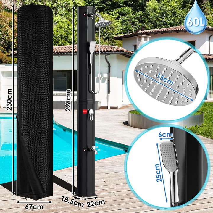Eulenke Solardusche 60L Solar Gartendusche mit 360° Regenduschkopf, Wasserhahn und handbrause, Warme