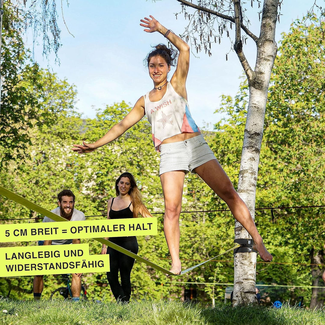 Gibbon Slacklines Classic Original Komplett-Set | 25m | TÜV Geprüft | Balance und Spass mit Trampoli