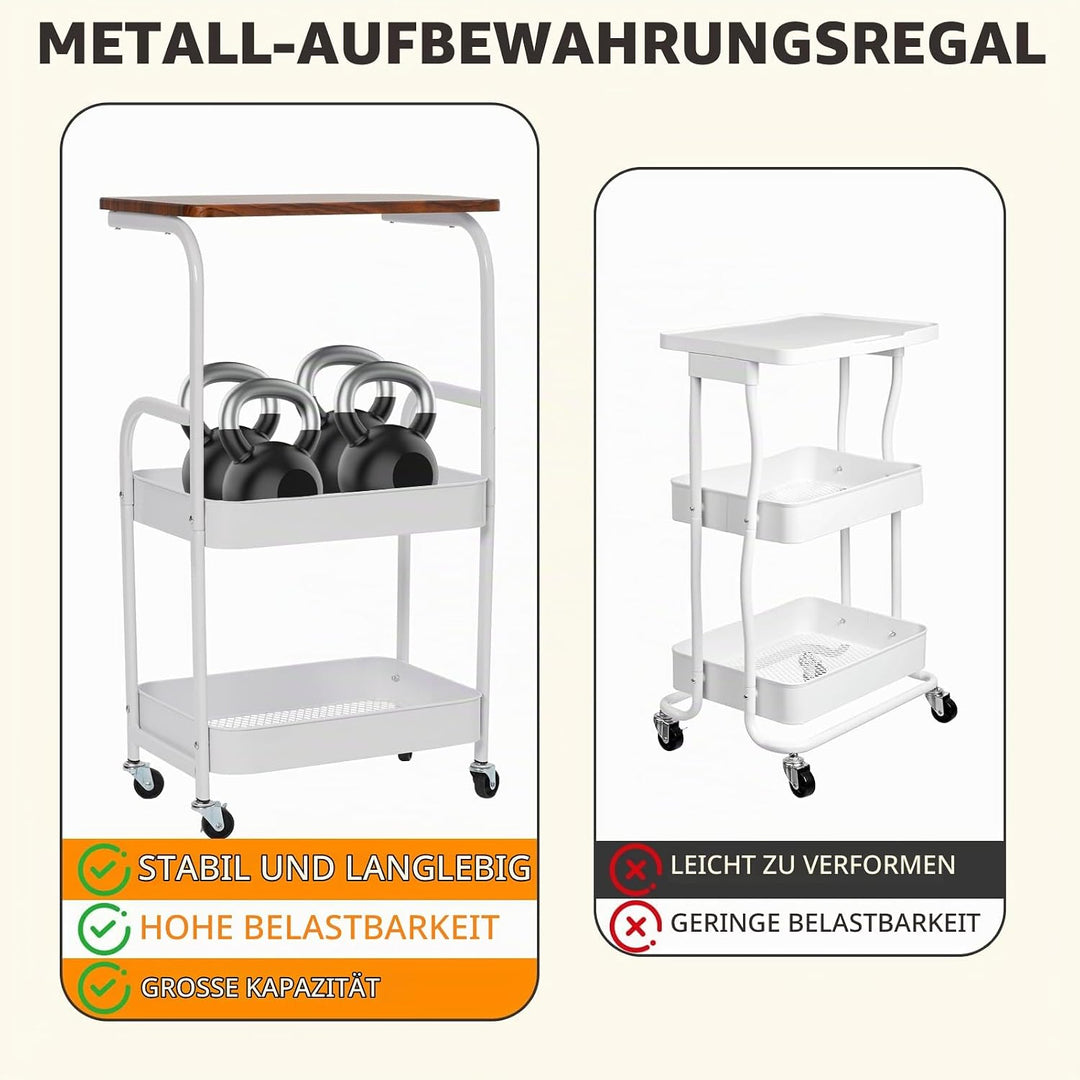 Yosamy Küchenwagen mit Rollen, 3 Ebenen Servierwagen, Rollwagen Küche mit Metallständer und Holztisc