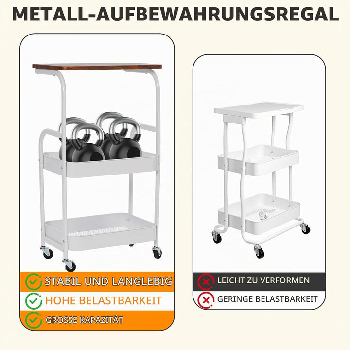 Yosamy Küchenwagen mit Rollen, 3 Ebenen Servierwagen, Rollwagen Küche mit Metallständer und Holztisc