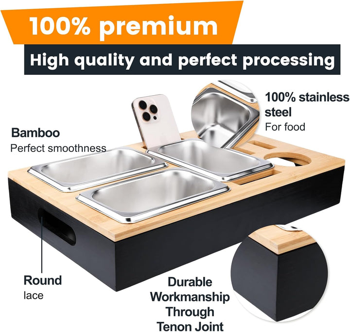 TEGOVE Couchbar Snackbox, Sofa Tablett,Mit Snackschalen Aus Edelstahl,mit Abnehmbarer Deckel, Couch