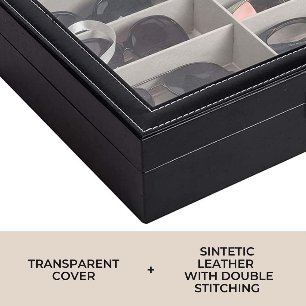 MAGIC SELECT Brillenbox mit 12 Fächern, Etui für Sonnenbrille, Lesebrille, mit transparentem Glasdec