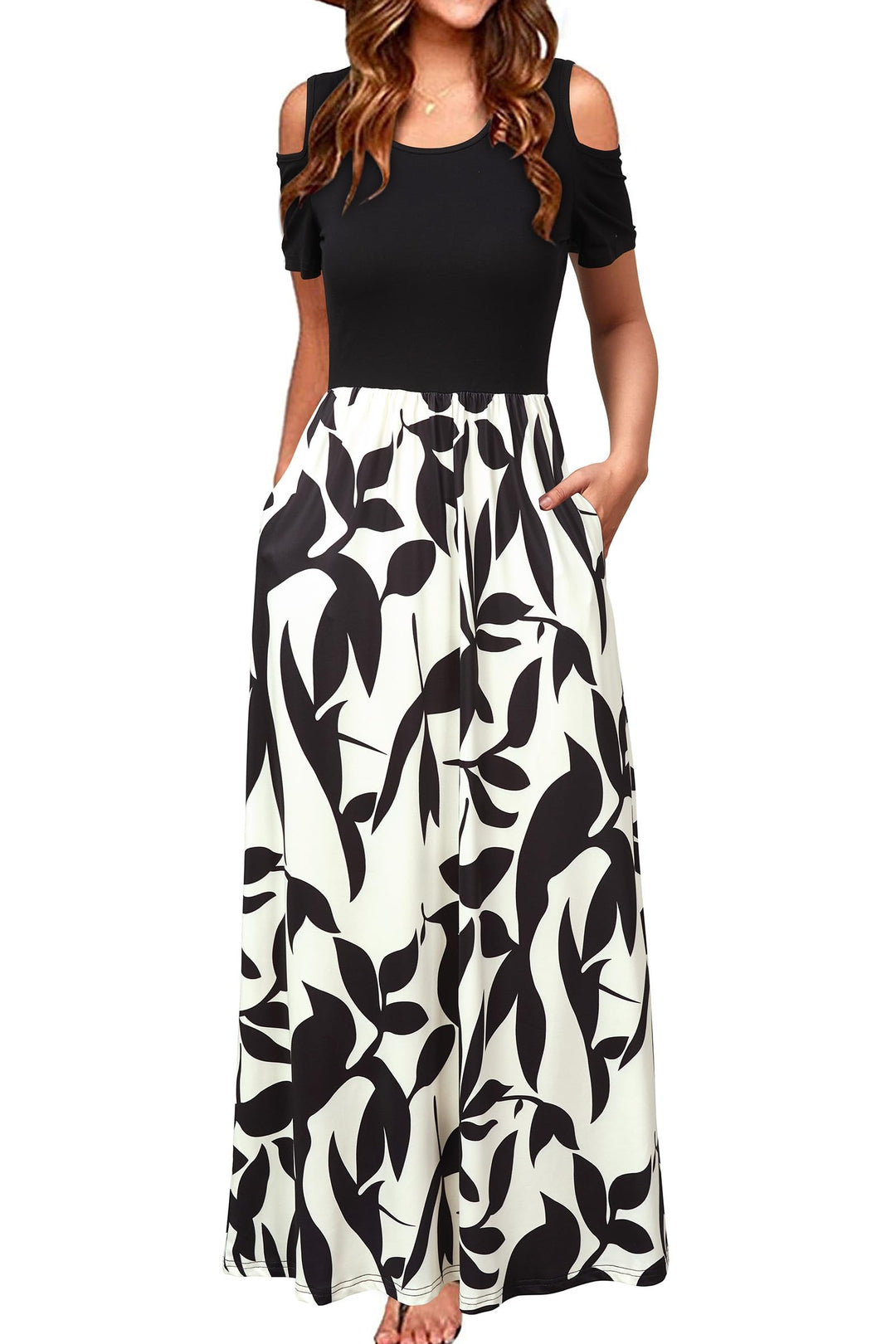 STYLEWORD Sommerkleid Damen Lang Kurzarm Maxikleid Blumen Kleider mit Taschen S Aprikose Schwarze Bl