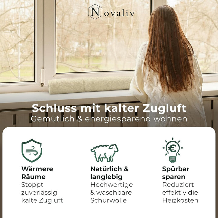 Zugluftstopper für Fenster 100cm Natur Schurwolle – stoppt Zugluft & Kälte, dämpft Lärm/Staub/Licht,
