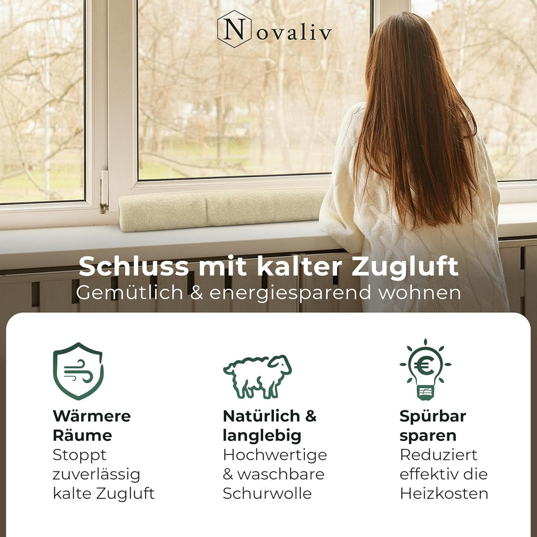 Zugluftstopper für Fenster 150cm Natur Schurwolle – stoppt Zugluft &amp; Kälte, dämpft Lärm/Staub/Licht,