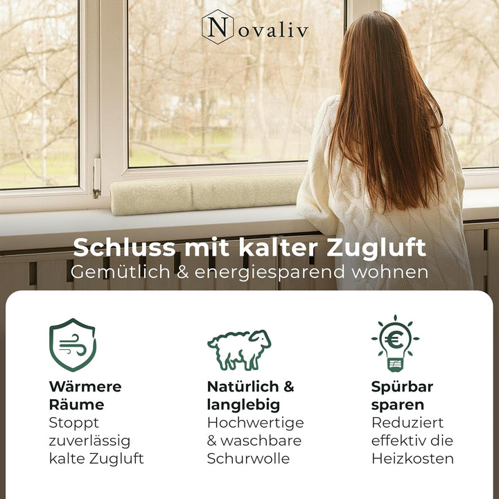 Zugluftstopper für Fenster 150cm Natur Schurwolle – stoppt Zugluft &amp; Kälte, dämpft Lärm/Staub/Licht,