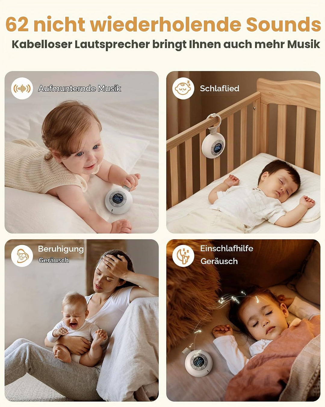 Glocusent Nachttischlampe Baby &amp; White Noise Machine mit 62 Sounds &amp; 9 Farben, Bluetooth, 2000mAh Ak