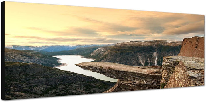 Paul Sinus Art Panoramabild auf Leinwand und Keilrahmen 150x50cm Norwegen Felsen Schlucht Fluss Wolk