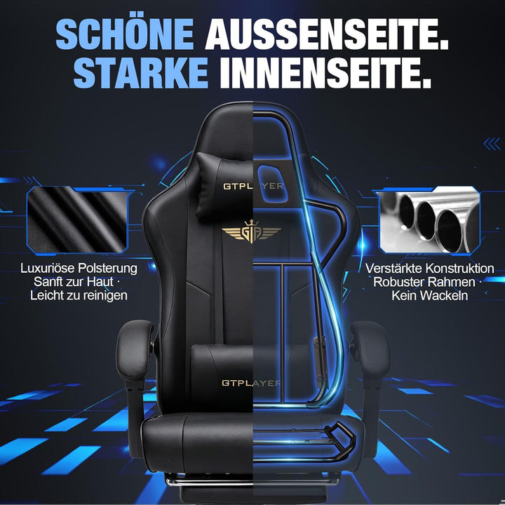 GTPLAYER Gaming Stuhl Chair Gamer Sessel - Ergonomischer Gamer Stuhl mit Fussstütze Kopfstütze und L