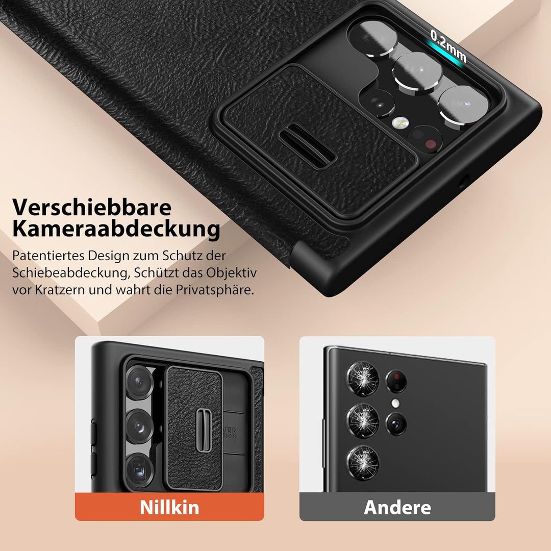 Nillkin Klappbar Hülle Kompatibel mit Samsung Galaxy S23 Ultra (6,8 Zoll), [Kameraschutz] PU Leder W