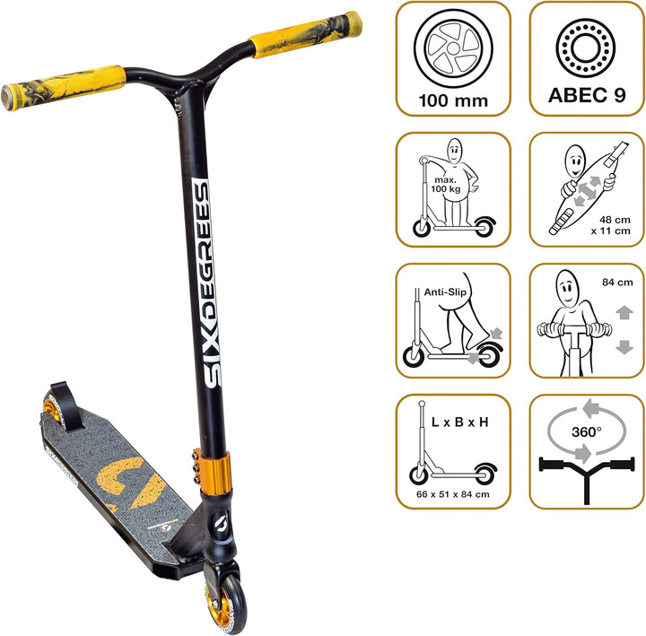 Six Degrees Aluminium Stuntscooter - Freestyle Kickroller, 100 mm High-Rebound-Rollen, ABEC 9, verst