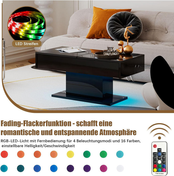 KEEPREAPER Couchtisch Hochglanz ausziehbar, Wohnzimmertisch versenkbar mit Stauraum für Sofa, 108x53