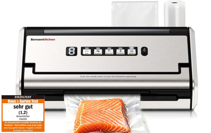 Bonsenkitchen Vakuumiergerät, 5mm Breitversiegelung auslaufsicher, Edelstahl, Einhand & Pulse Trocke
