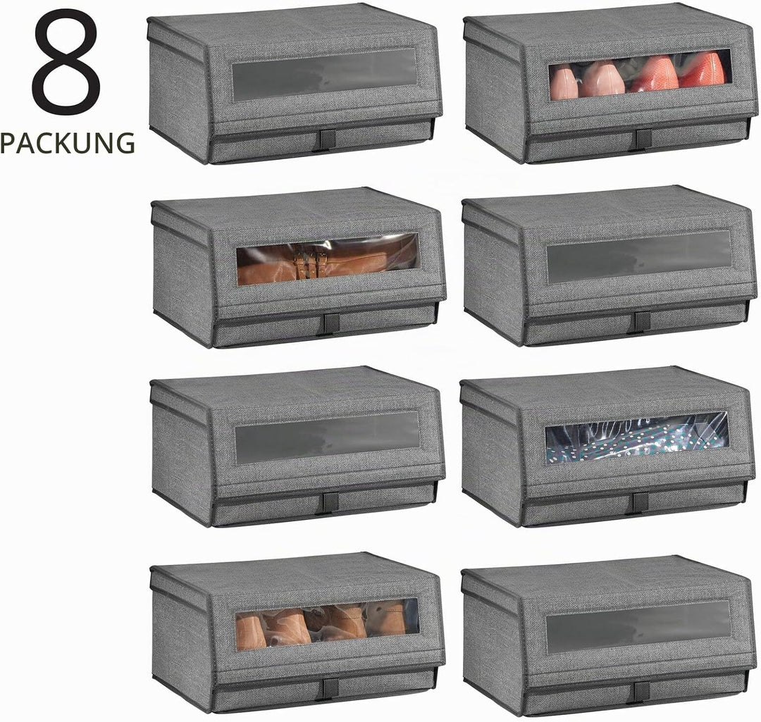 mDesign 8er-Set Schuhaufbewahrung aus Stoff – stapelbare Schuhbox mit Sichtfenster, Klettverschluss
