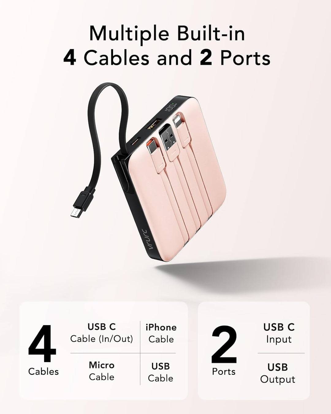 VRURC Power Bank mit Kabel 10000mAh Klein USB C Powerbank Schnelles Aufladen 22.5W Mini Tragbares La