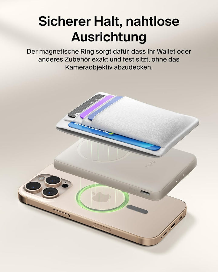 Belkin BoostCharge 5000mAh Magnetische Power Bank mit Magnetring – Beige | 5K Powerbank Kabellos, Ma