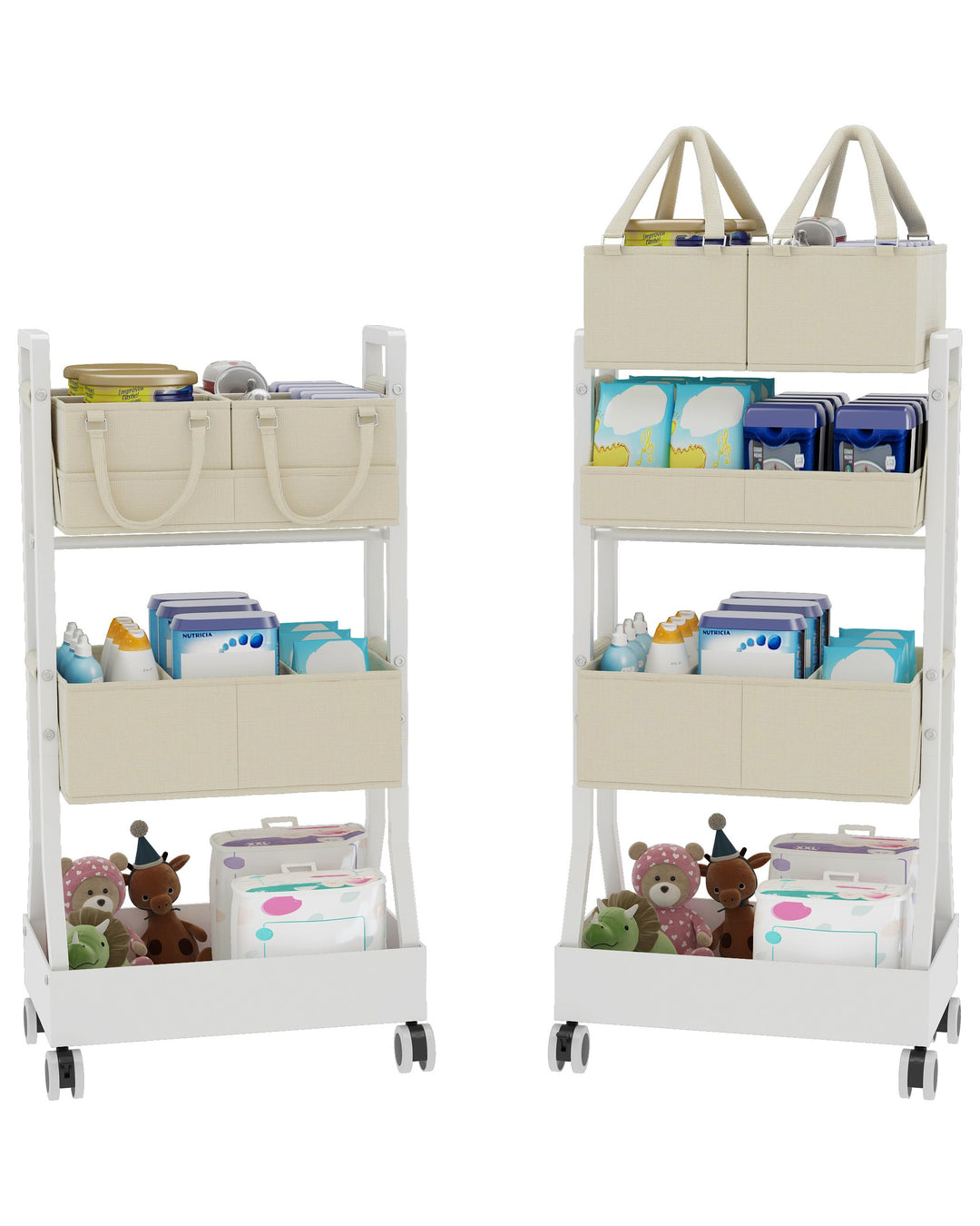 Wickeltisch Organizer, 3 Etagen Wickeltisch Rollwagen mit Abnehmbar Wickelkorb, 2 in1 Baby-Windelwag