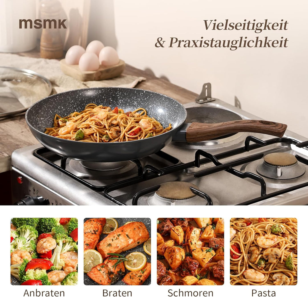 MSMK 28 cm Antihaft-Keramik-Bratpfanne mit Deckel & rotem Schlitzwender, Für Gasherd Induktion, Holz