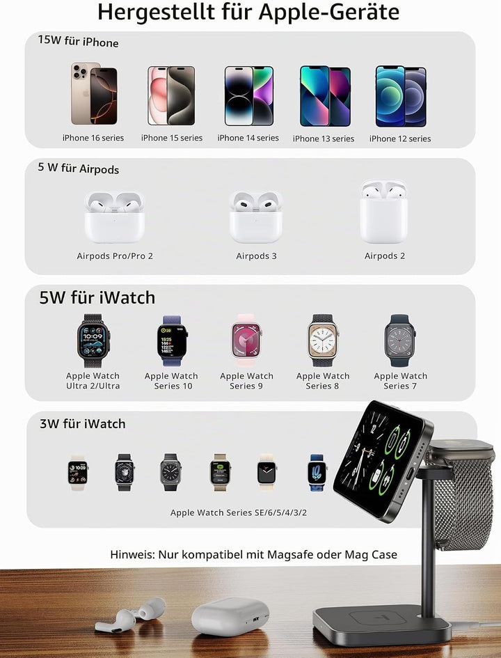 LULULOOK Qi2 Magsafe Ladestation 3 in 1, Aluminium Apple Watch und iPhone Magsafe Ladegerät mit 15W