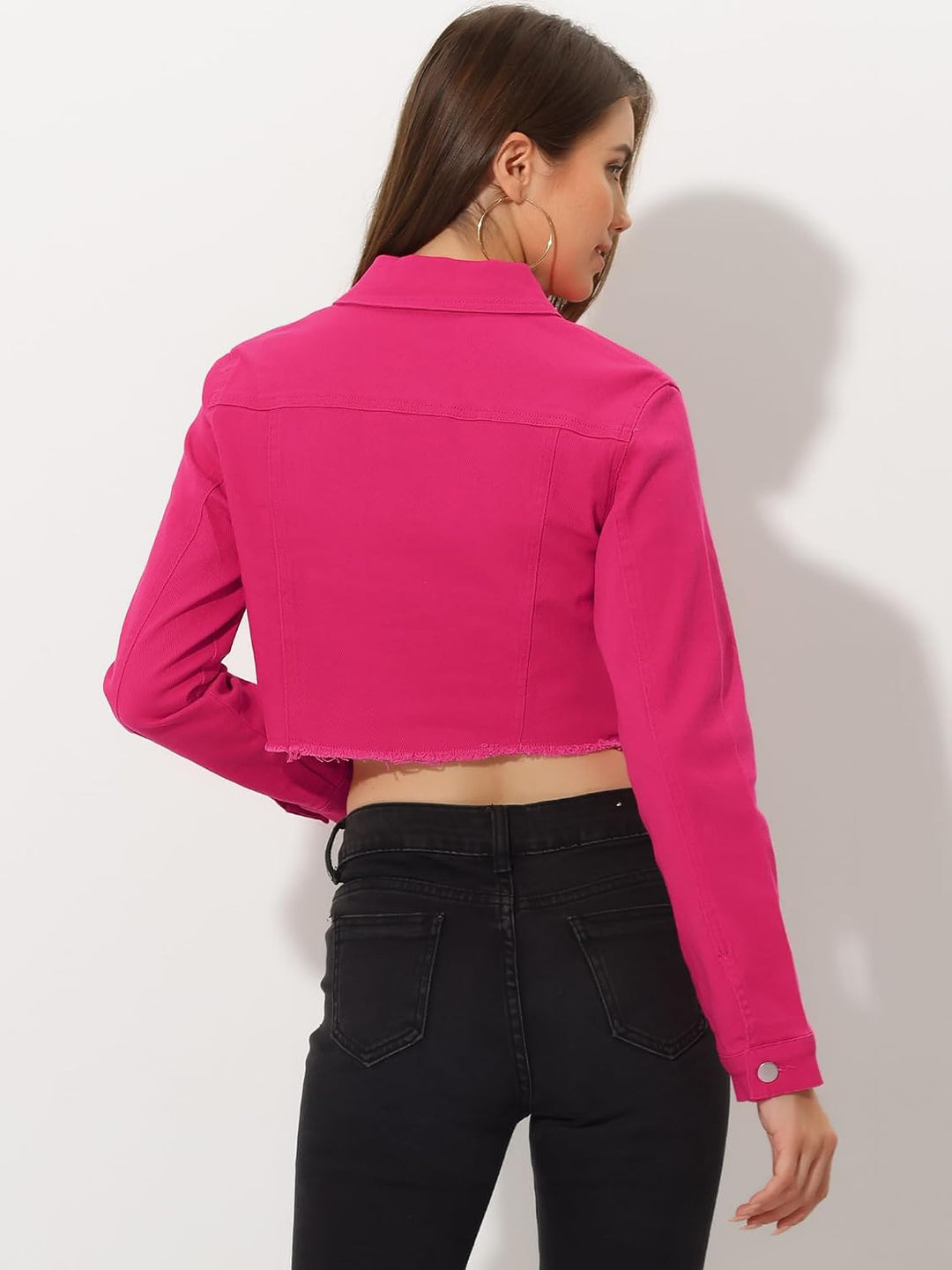 Allegra K Damen Langarm Denim Jacken Button Up Washed Umlegekragen Cropped Jeansjacke XS Fuchsie, XS