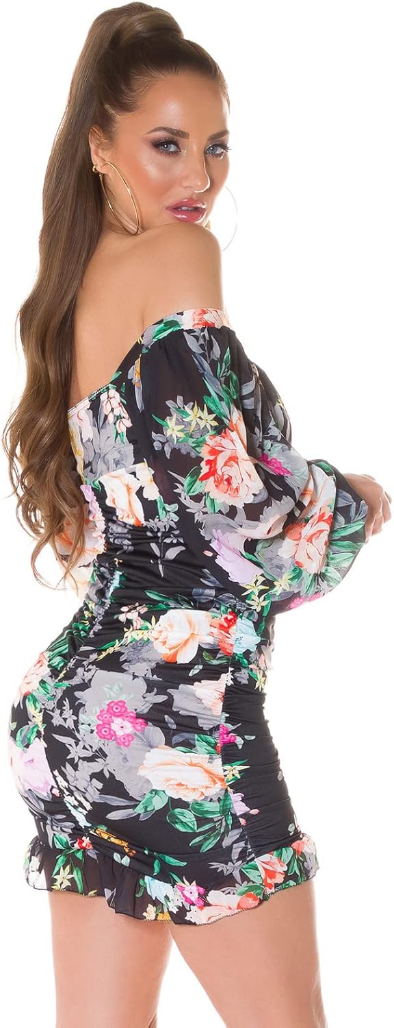 Flower Printed Romantic Off Shoulder Minikleid mit Ballon-Ärmel Einheitsgrösse Rot/Schwarz, Einheits