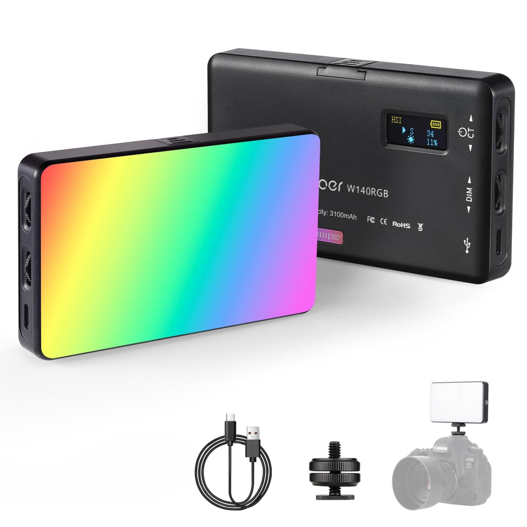 Video Licht RGB, Andoer LED Videoleuchte mit 3100 mAh Akku,Mini Kamera Licht,Dimmbare 2500K-9000K,Wi