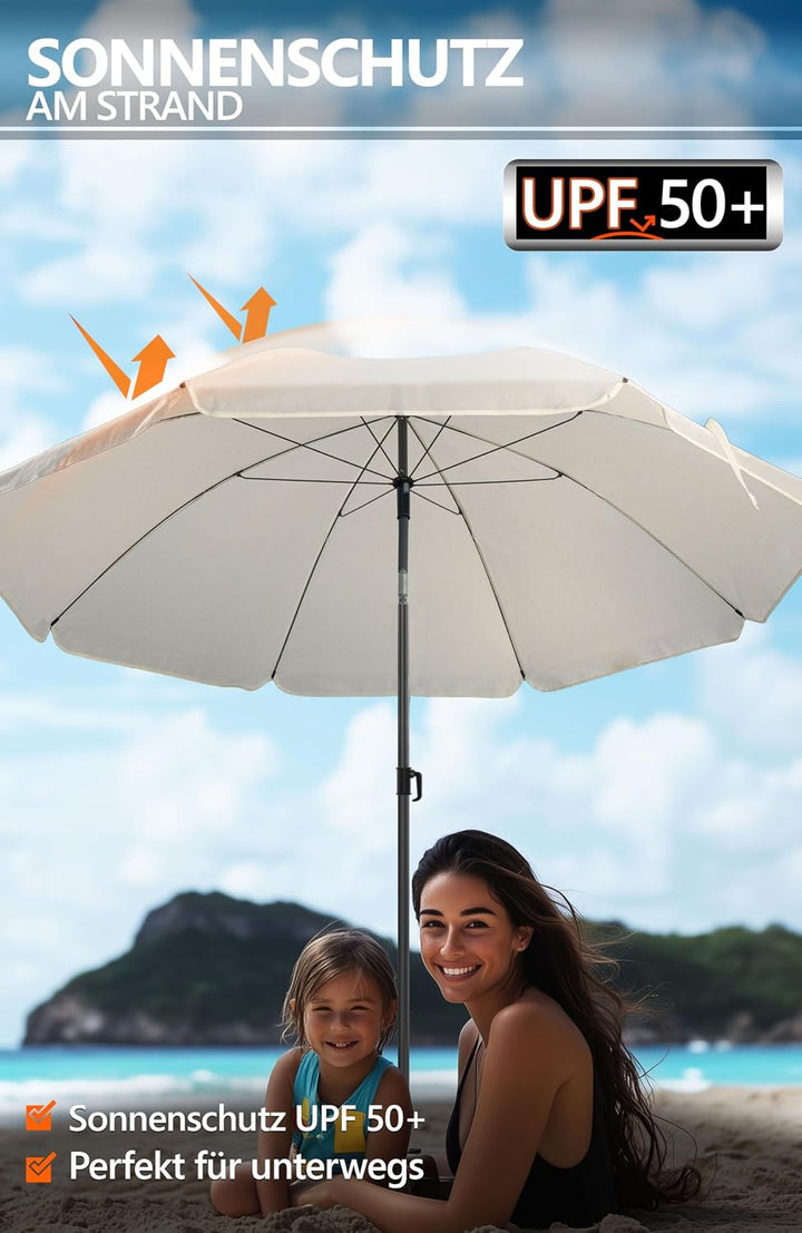 4smile Sonnenschirm Strand SunnyJoy Ø 180 cm, 3-IN-1 Set - UPF 50+ Strandschirm + Sonnenschirm Schut