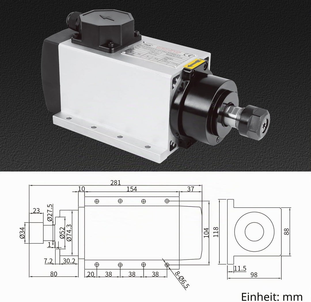 CNC-Spindel-Kit, 220 V, 2,2 kW, 2200 W, luftgekühlt, Motorspindel, quadratisch, CNC-Motorspindel, 2,