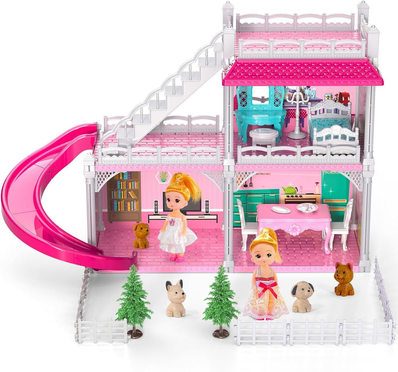 Doloowee puppenhaus Mädchen Traumspielzeug Möbel Rosa Mädchen Spielzeug, 2-Stories 3 Zimmer Puppenha