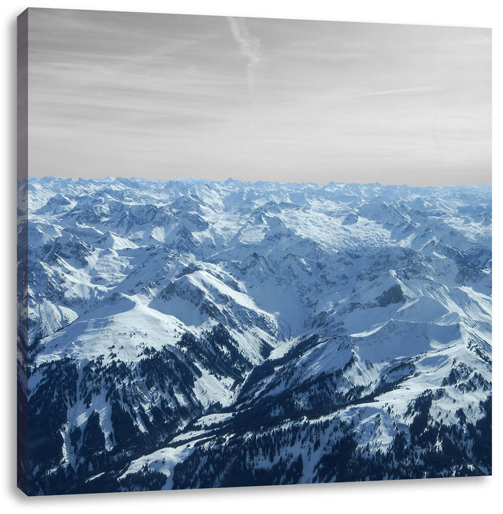 Pixxprint imposante Alpen mit Schneespitzen schwarz/weiss, Format: 70x70 auf Leinwand, 70x70