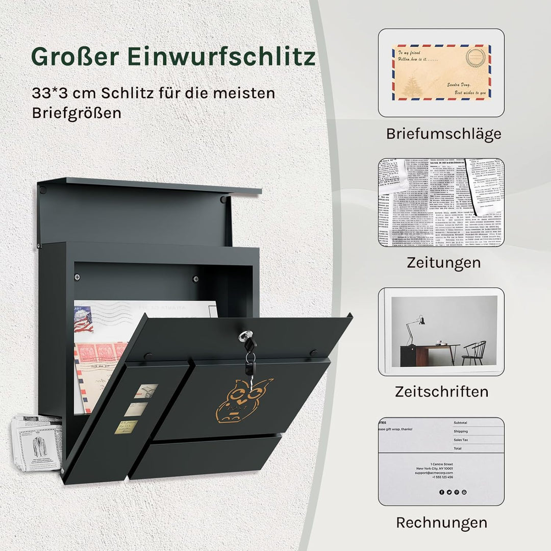 WOLTU Briefkasten Postkasten mit Zeitungsfach Sichtfenstern Klappdeckel, Wandbriefkasten abschliessb