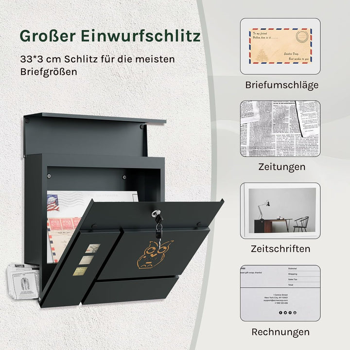 WOLTU Briefkasten Postkasten mit Zeitungsfach Sichtfenstern Klappdeckel, Wandbriefkasten abschliessb