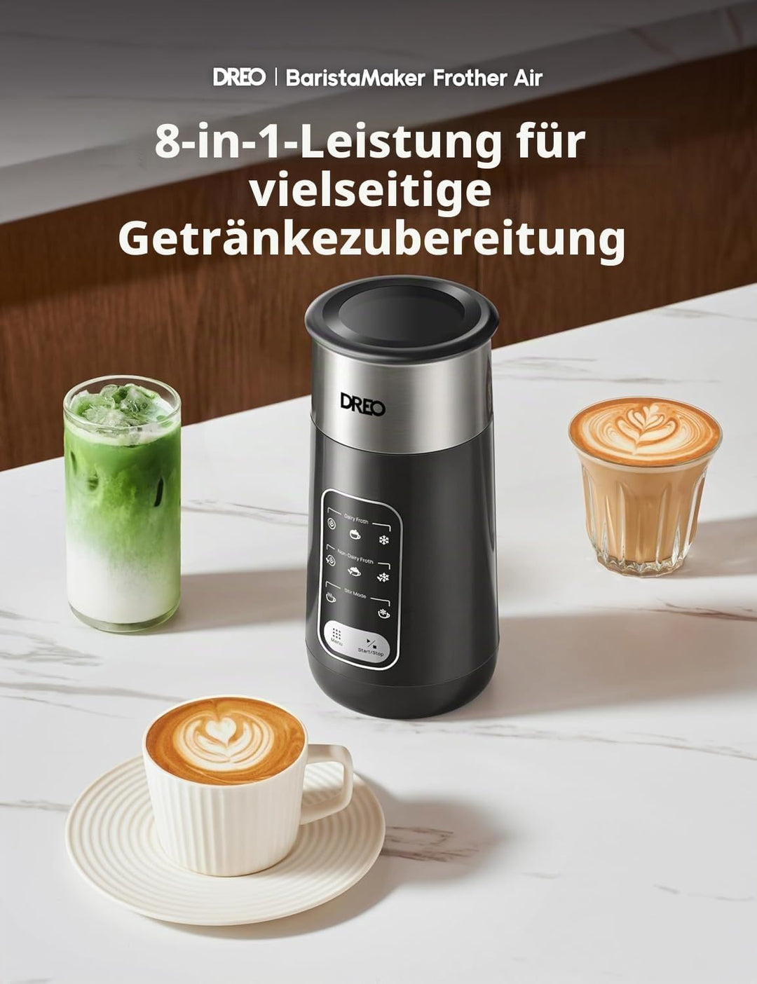 DREO Milchaufschäumer, 6-in-1 Elektrischer Milchschäumer für Latte Art Mikroschaum und Kaffee, 270ml