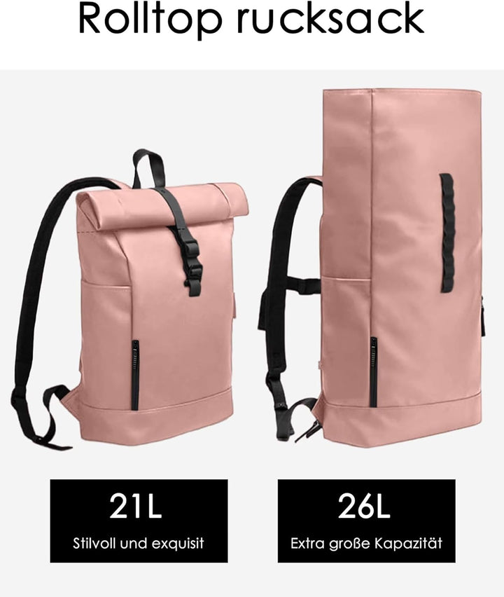 Rolltop Rucksack Damen Wasserdicht Klein Laptop Rucksack mit Computerfach 16 Zoll Elegant Reiserucks