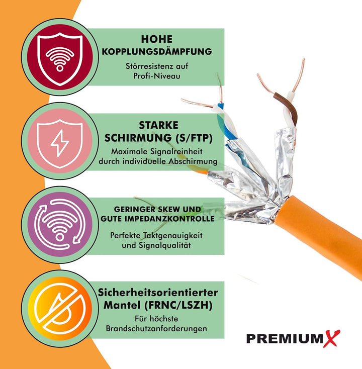 PremiumX 100m CAT 7 Netzwerkkabel Simplex LAN-Kabel Ethernet Datenkabel S/FTP PiMF PoE Eca Cat7 Verl