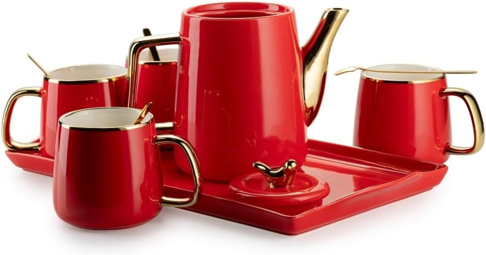 HowHomely Keramik Kaffeeservice für 4 Personen Modern - Rot Set mit Kanne, 4 Tassen und Serviertable