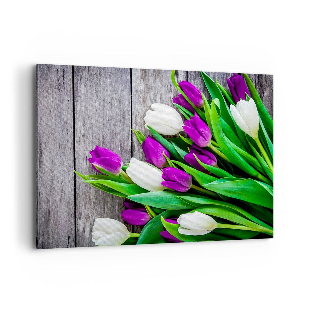 Bilder auf Leinwand 100x70cm Leinwandbild Tulpen Holz Blumenstrauss Blumen Gross Wanddeko Bild Schla