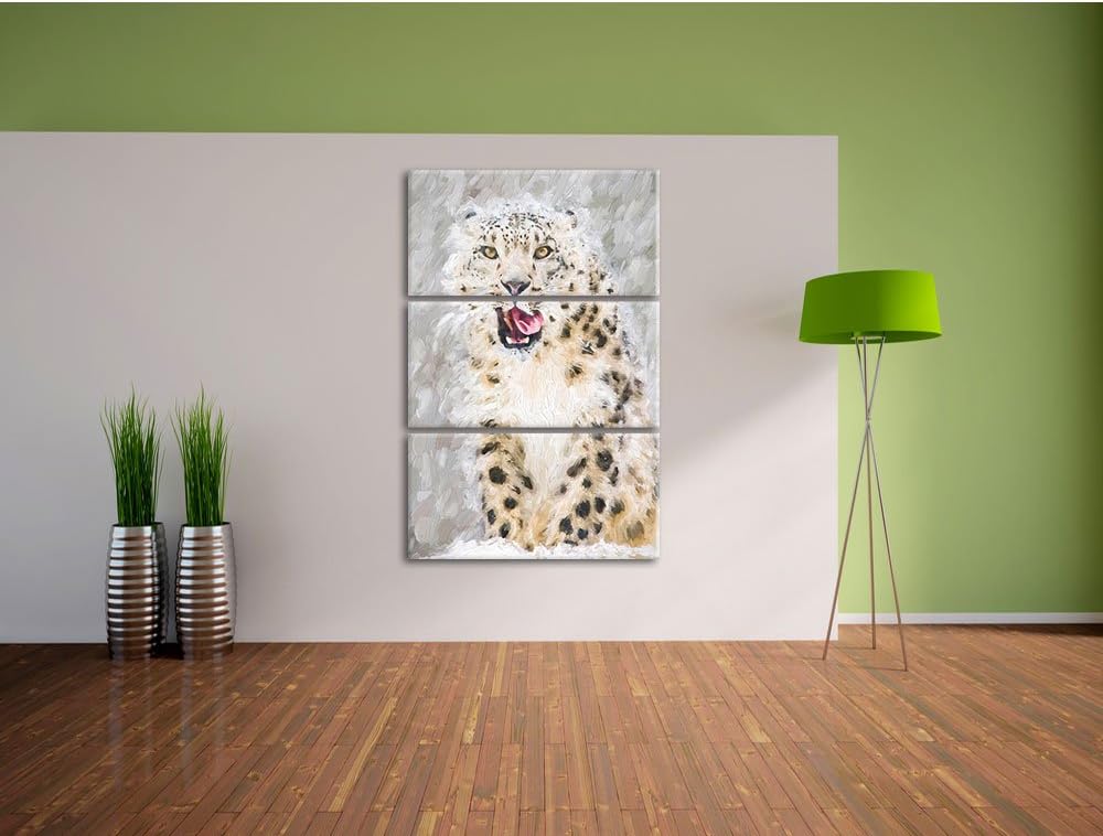 Pixxprint Leopard im Schnee Kunst Pinsel Effekt 3-Teiler Leinwandbild 120x80 Bild auf Leinwand