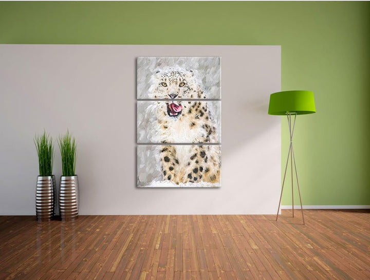 Pixxprint Leopard im Schnee Kunst Pinsel Effekt 3-Teiler Leinwandbild 120x80 Bild auf Leinwand