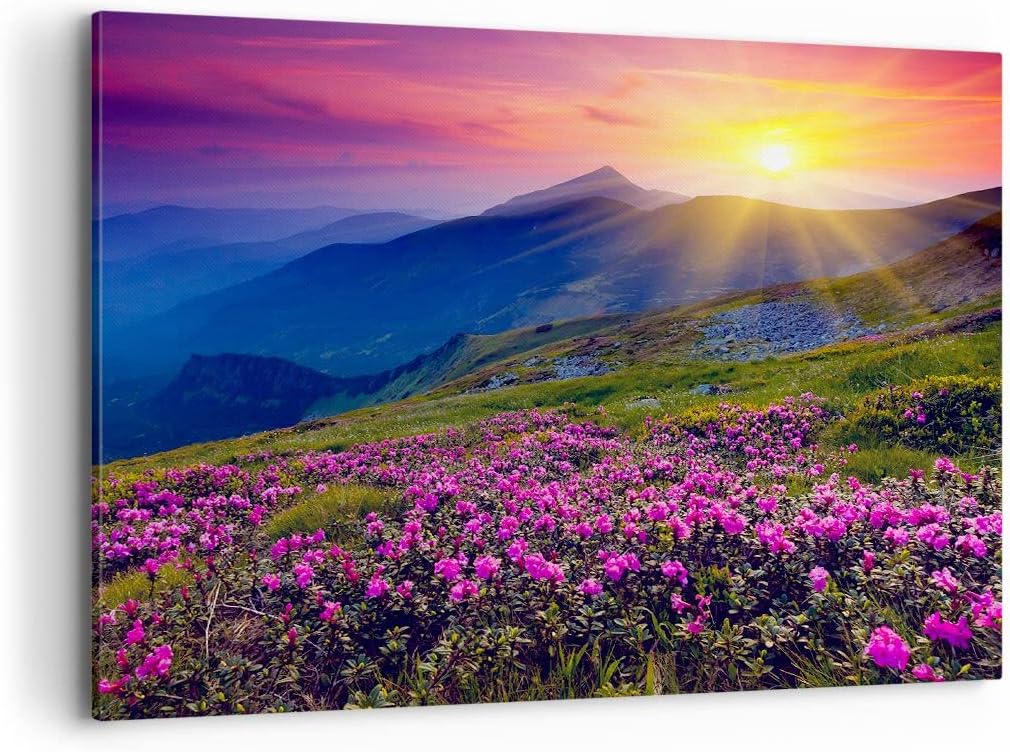 ARTTOR Bilder auf Leinwand 100x70cm Leinwandbild Wiese Berge Landschaft Gross Wanddeko Bild Schlafzi