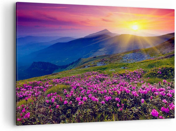 ARTTOR Bilder auf Leinwand 100x70cm Leinwandbild Wiese Berge Landschaft Gross Wanddeko Bild Schlafzi