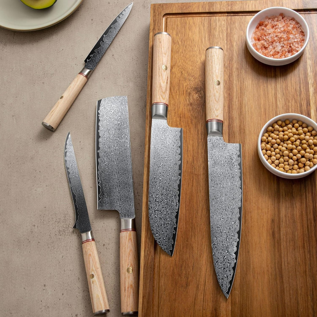 Damastmesser set. Japanisches messer set perfekt für präzisionsschnitte. Damast küchenmesser mit San