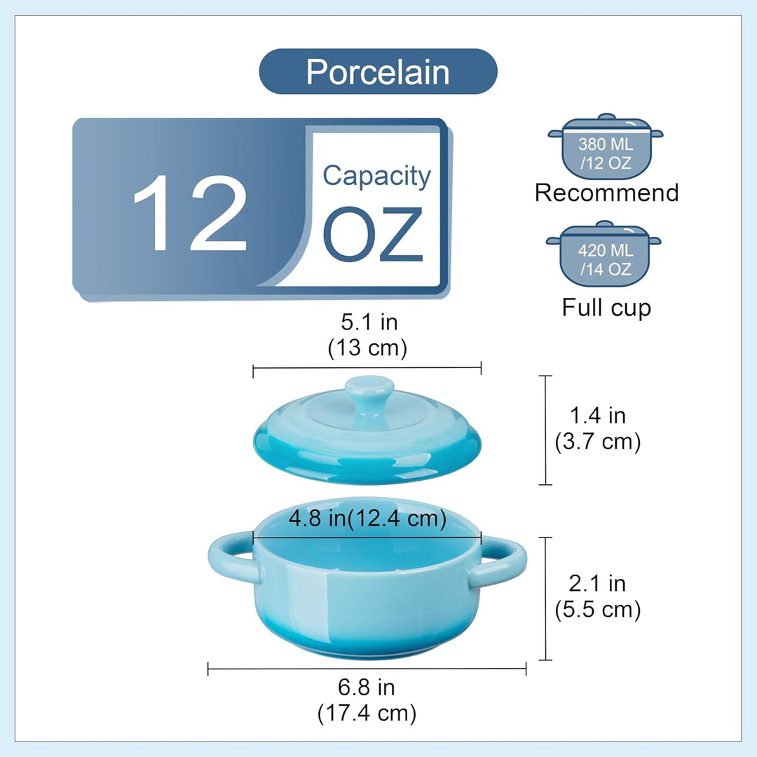 LOVECASA Kleine Auflaufform aus Steinzeug, 4 x 380 ml Mini-Cocotte mit Deckel, Souffle Förmchen Back