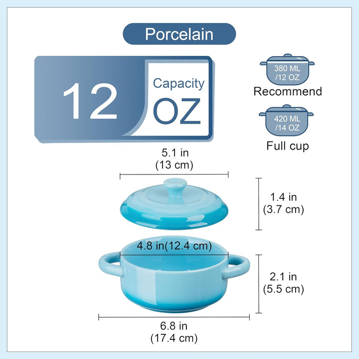 LOVECASA Kleine Auflaufform aus Steinzeug, 4 x 380 ml Mini-Cocotte mit Deckel, Souffle Förmchen Back