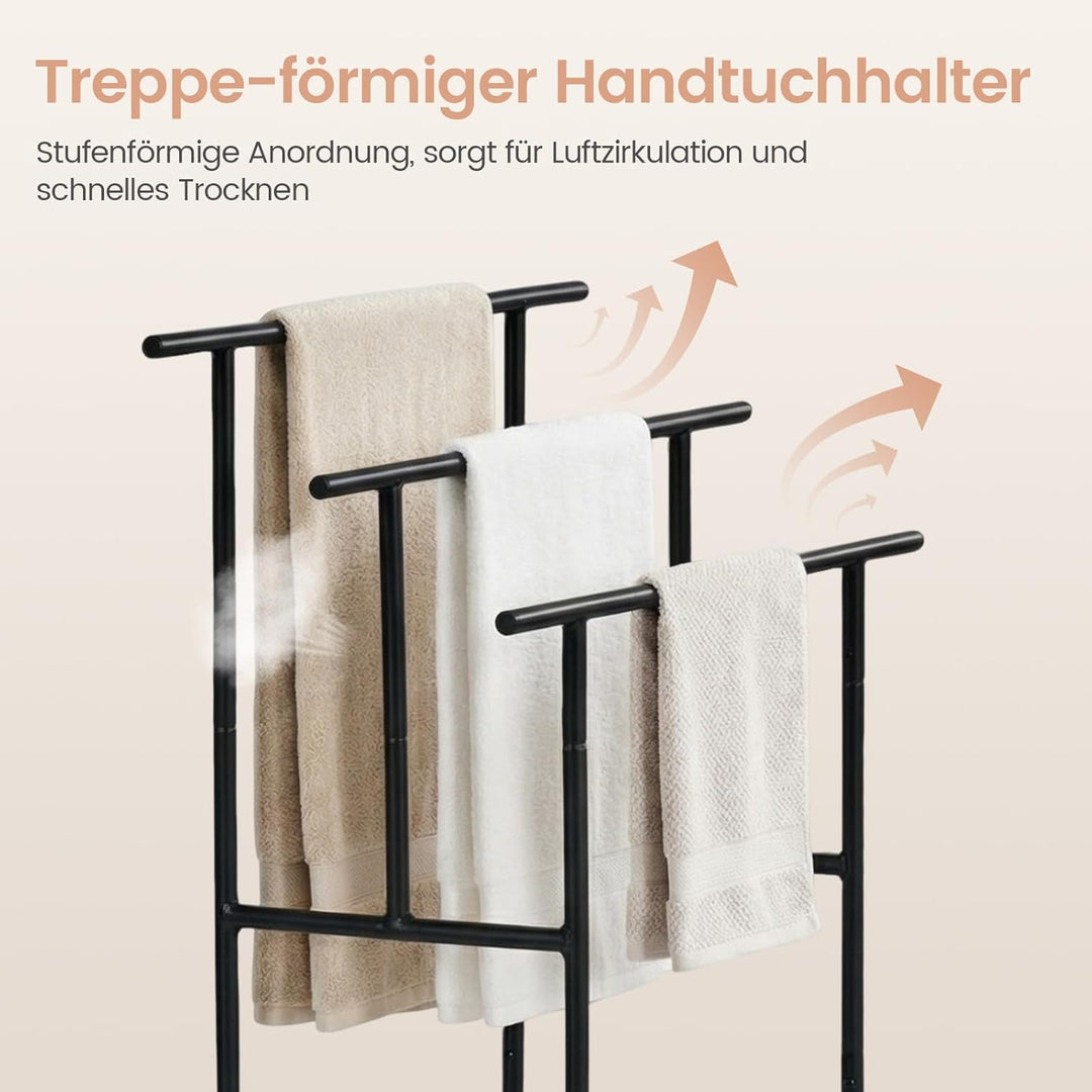 Handtuchständer, Handtuchhalter Freistehend für Badezimmer mit 3 stangen, 1 offene Ablage, für Handt
