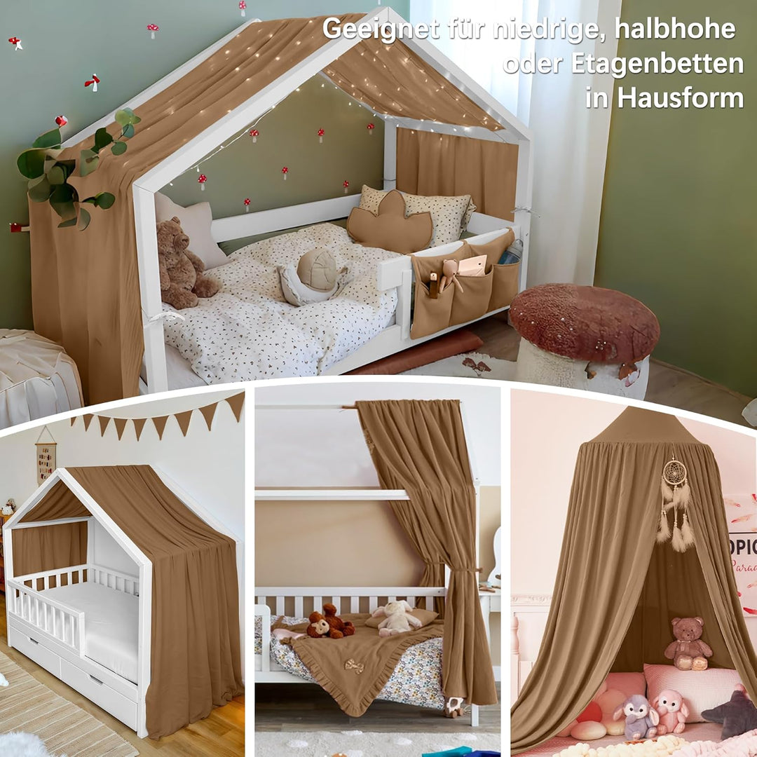 Hausbett Himmel Deko Set, Betthimmel Hausbett aus Musselin - 1 Betthimmel & 1 Wimpelkette, für Junge