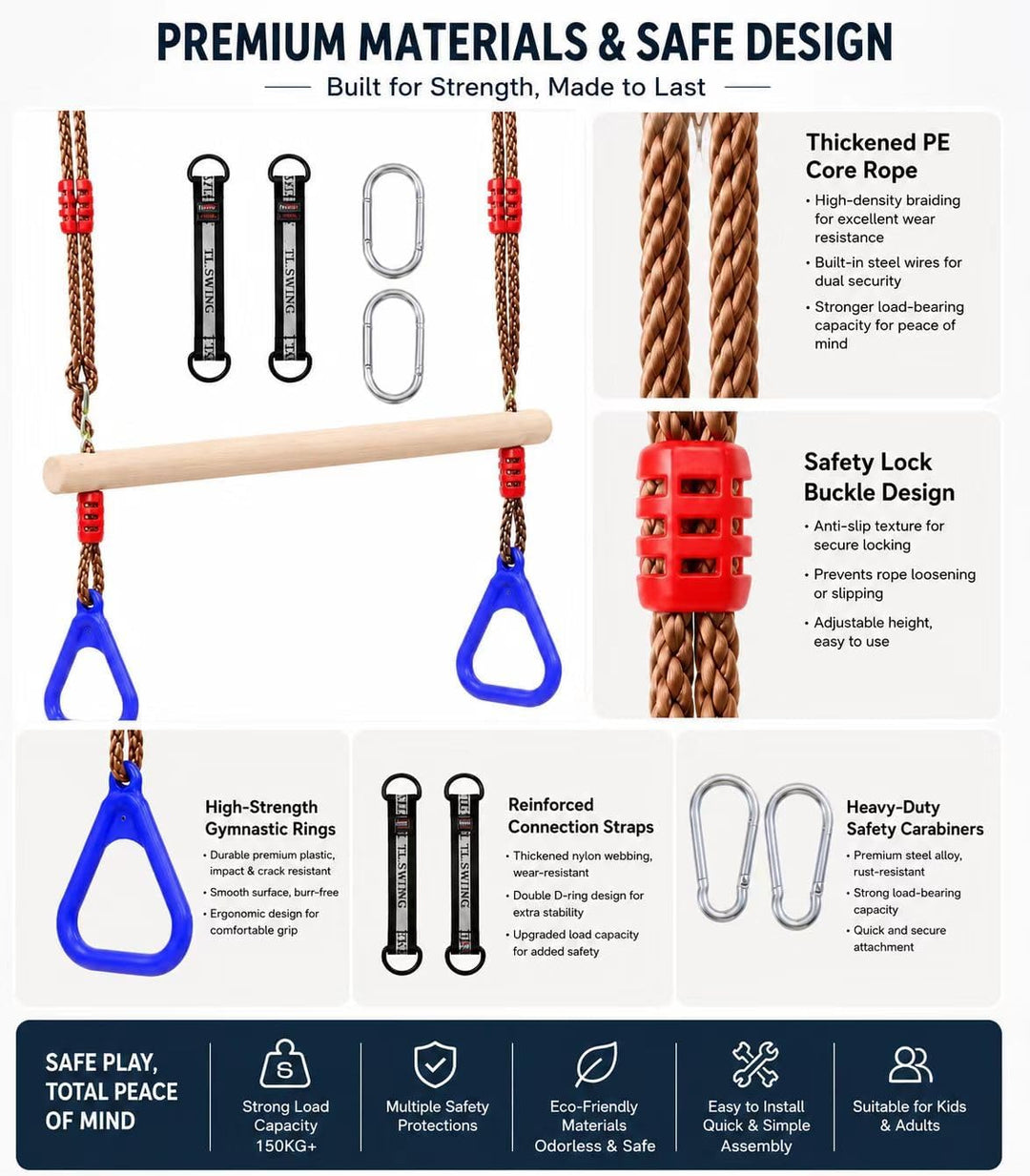 Multifunktions Kinderholz Trapeze Schaukel mit Kunststoffringen Turnringe Ringe zum Aufhängen belast