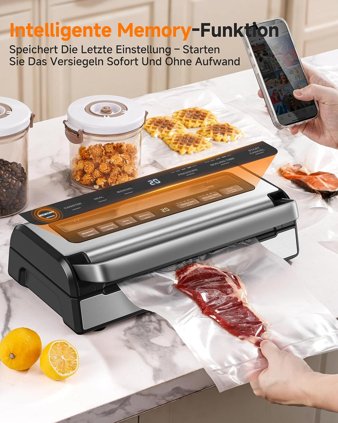 Vakuumiergerät 95 kPa,9-in-1 Lebensmittel-Vakuumierer mit einstellbarem Zeit- & Druckmodus,Speicherf